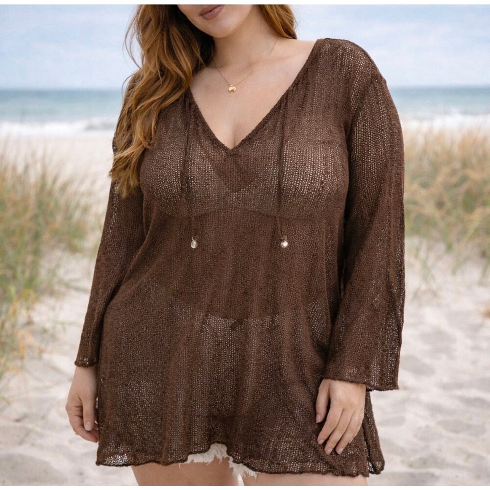 Dotti Brown Crochet Tunic Top XL Boho Sheer Beach Festival Sparkle Cover Up